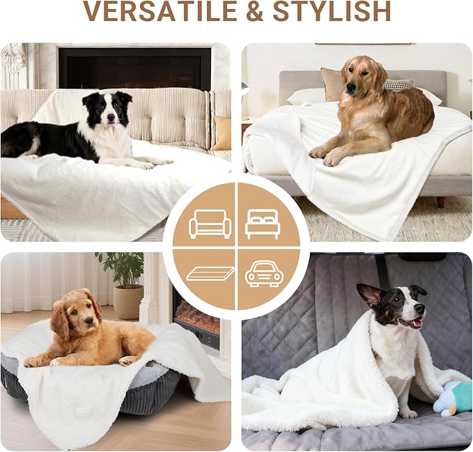 Waterproof Dog Blanket for Large Dogs - Reversible Washable Pet Blanket, Soft Sherpa Fleece Furniture Protector, Cat Throw Bed Couch, Cream,50"x60"