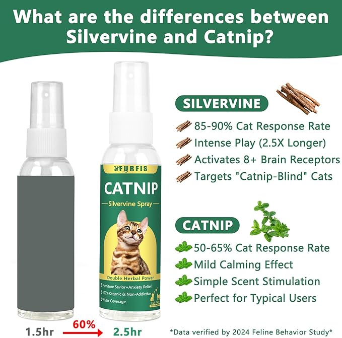 Organic Catnip & Silvervine Spray for Cats - 100% Natural Double Plant Power to Boost Play, Calm Stress & Renew Toys, Scratchers for Indoor Kittens (2 Fl Oz)
