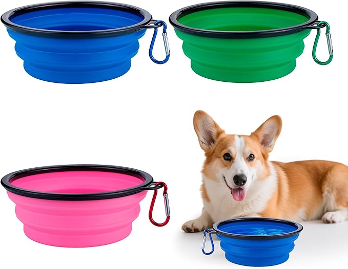 3 Pack Collapsible Dog Travel Bowls, 22oz Large Foldable Dog Water Bowls Portable Pet Food and Water Bowl with Clasp for Traveling Walking Hiking (3 Colors)