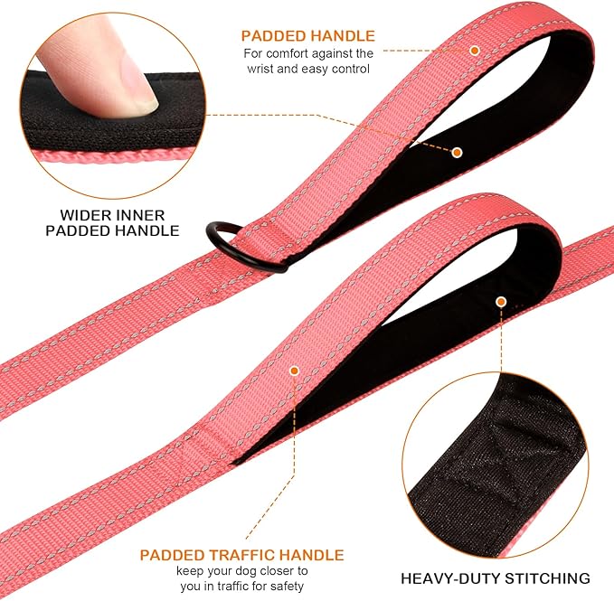 Joytale Dog Leash Heavy Duty for Large Dogs That Pull, Double Handle for Traffic Control, Double-Sided Reflective Leashes for Large Medium Dogs Night Safety, 6FT, Neon Pink