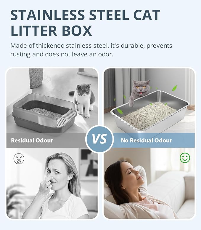Stainless Steel Cat Litter Box, 4in Shallow Litter Box for Senior Cats and Kittens, Large Metal Litter Pan Nonstick Odor Control Anti-Corrosion