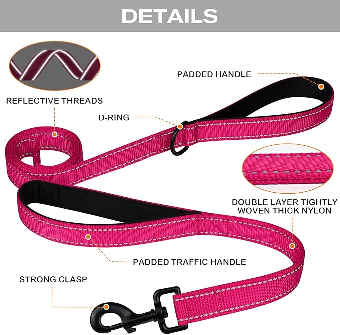 Joytale Dog Leash Heavy Duty for Large Dogs That Pull, Double Handle for Traffic Control, Double-Sided Reflective Leashes for Large Medium Dogs Night Safety, 6FT, Hot Pink