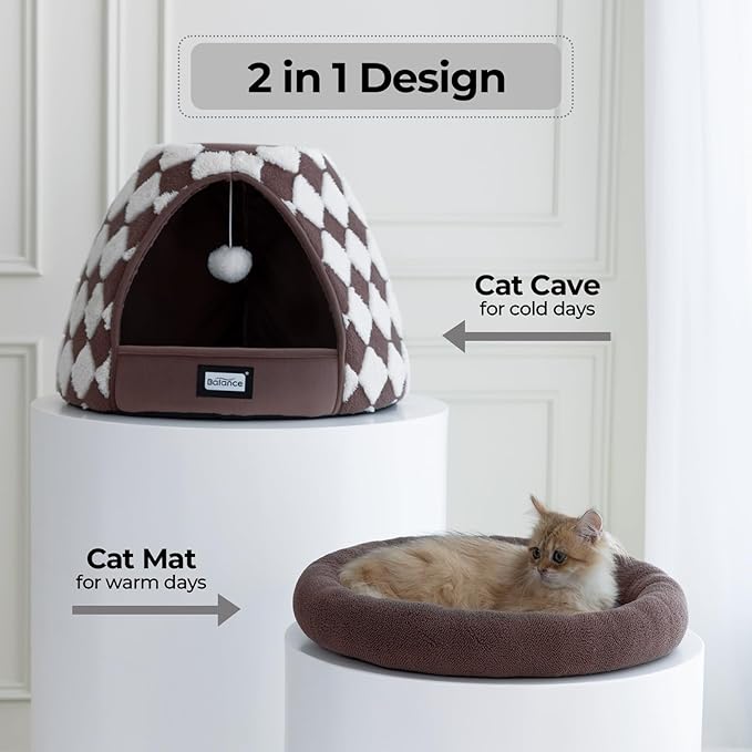BALANCE Cat Beds for Indoor Cats, 2-in-1 Cat Bed Cave with Anti-Slip Bottom and Ultra-Soft Plush, Cozy Cats House Tent for Kittens and Small Dogs, 21 Inches, Dark Brown