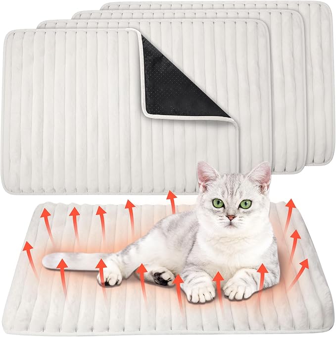 Nuanchu 4 Pack Self Warming Cat Bed Self Heating Dog Cat Pad 24"x18" Dog Crate Mat Extra Warm Thermal Pet Pad for Indoor Outdoor Pets Houses with Removable Washable Cover Non Slip(White)