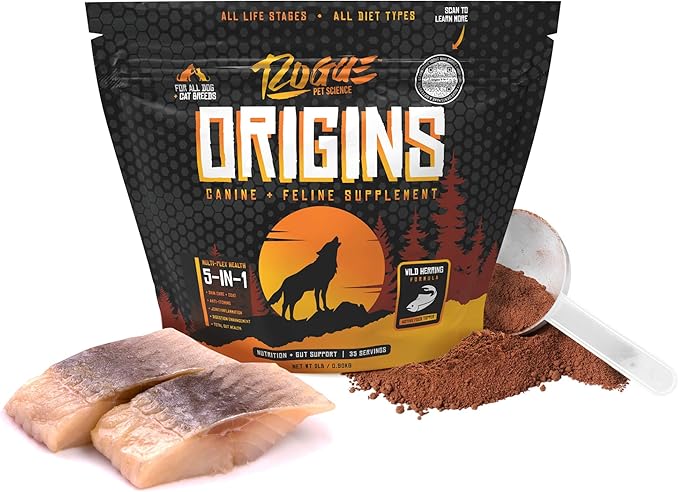 Origins 5-in-1 Dog Supplement - Powdered Food Topper w/Natural Omega 3 Fish Oil - Supports Healthy Digestion, Skin, and Coat - Helps Reduce Itching & Joint Inflammation (2 lbs)