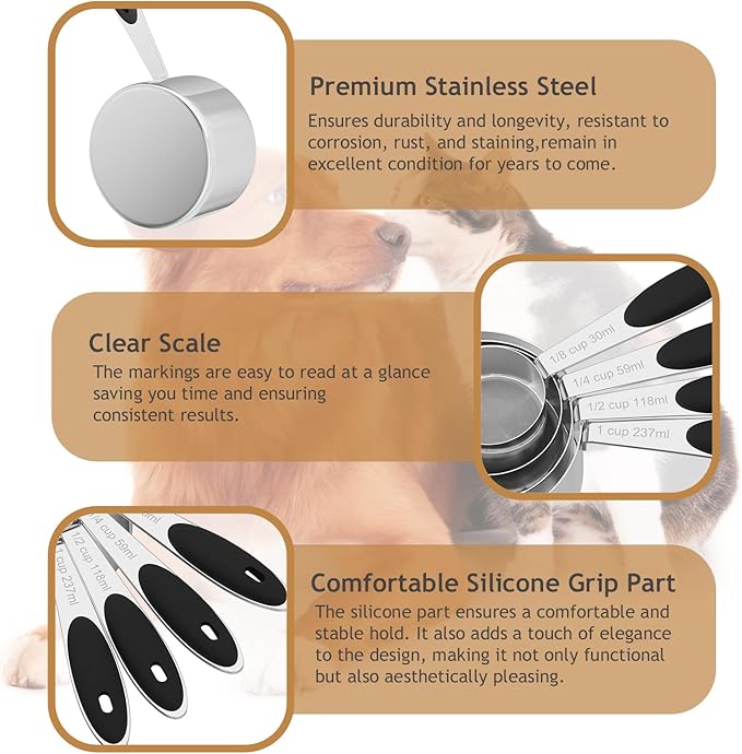 2PCS 1CUP(237ml) Dog Cat Food Scoop, Stainless Steel Measuring Cup, Metal Pet Scooper with Inner Precision Scale Measurement