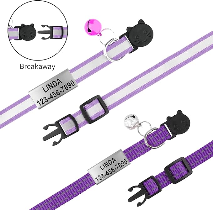 Cat Collar Personalized - Breakaway Reflective Cat Collar with Bell-Custom Cat Collars Engraved with Name and Phone, Adjustable for Cats and Kitten