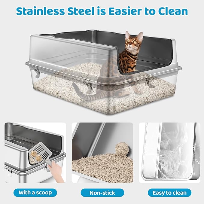 Extra Large Stainless Steel Litter Box, XXXL 27.5" L x 19.7" W x 11.8" H Semi Enclosed Removable Metal Cat Litter Box with High Sided Enclosure, Scoop, Anti-Leakage, Non-Sticky, Easy Cleaning