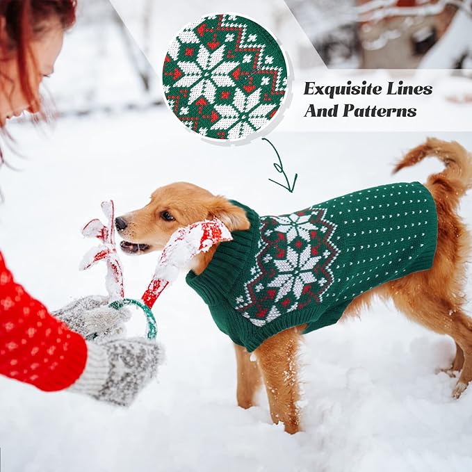 FUAMEY Dog Christamas Sweater, Warm Dog Sweater Classic Snowflake New Year Turtleneck Sweaters Knitwear Cold Weather Dogs Pullover for Small Medium Dogs Puppies & Cats Bulldogs Corgi with Leash Hole