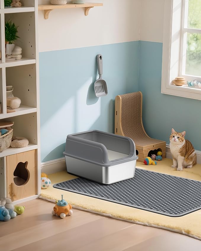 Cat Litter Mat - 23.2'' x 14.6'' Small Litter Trapping Mat, Easy to Clean Litter Box Mat, Waterproof, Urine-Proof, Non-Slip Kitty Litter Mats for Floor, Grey