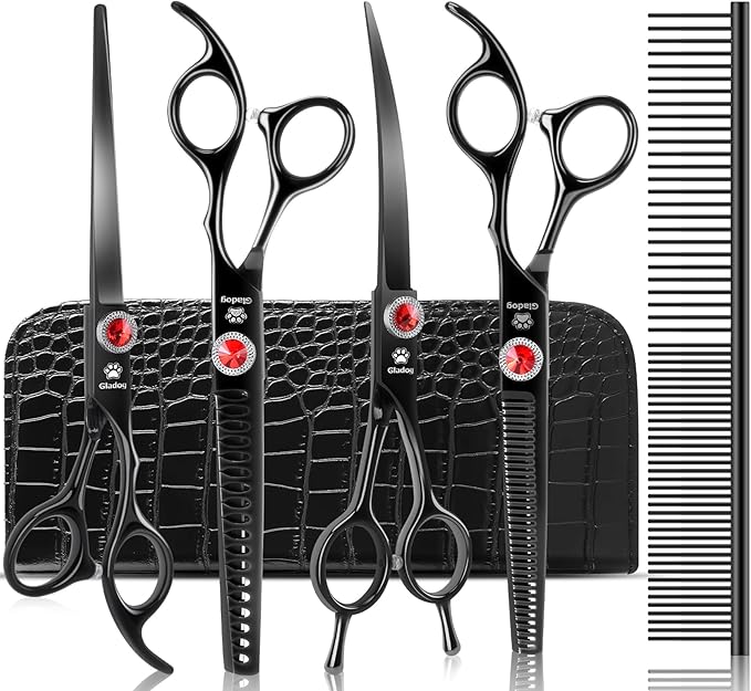 GLADOG 7 Inch Professional Dog Grooming Scissors Kit, Titanium Dog Scissors for Grooming, Heavy-Duty Dog Shears for Grooming, 6-in-1 Pet Grooming Scissors for Dogs (Pro Black)