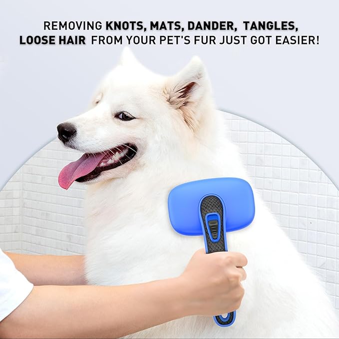 Self Cleaning Slicker Brush for Dogs& Cats - Skin Friendly Shedding & Hair Removal for Long and Short Haired Dogs and Cats, Grooming Tool of Pets, Blue