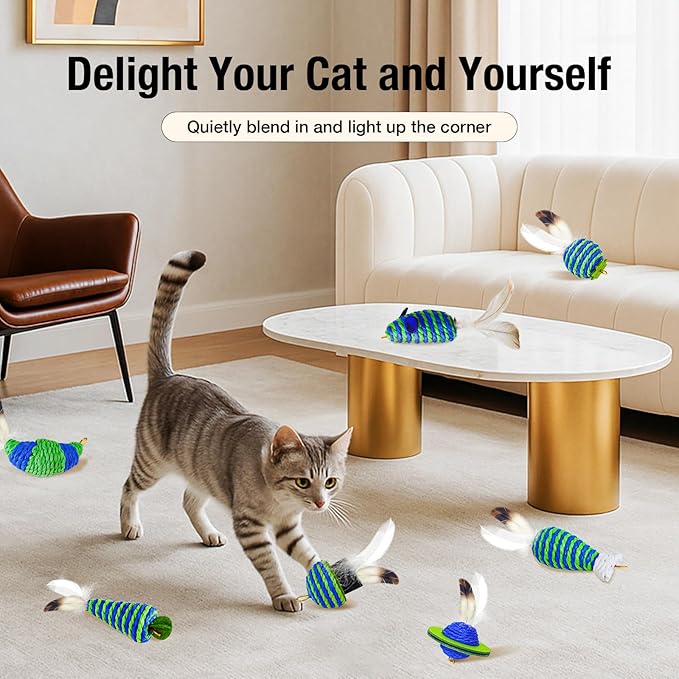 UTEE Cat Toy Set – Interactive Feather Toys, Jingle Balls & Teaser Wand, Eco-Friendly Paper Rope, Stimulating Indoor Cat Toy Pack for Exercise & Bonding (Green & Blue)