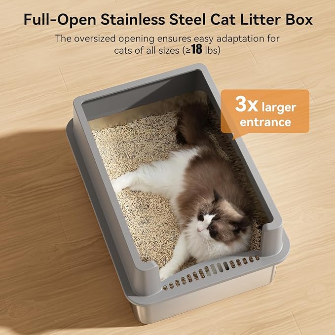 Extra Large Stainless Steel Cat Litter Box with Lid – Large Capacity for Big & Multiple Cats, Anti-Leakage, Non-Stick Surface for Easy Cleaning, Odor-Resistant, Include Scoop