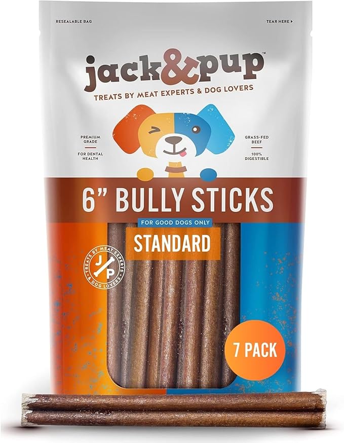 Jack&Pup 6 Inch Standard Bully Sticks for Dogs (7 Pack) Odor Free Bully Sticks for Large Dogs, All Natural Beef Pizzle Sticks