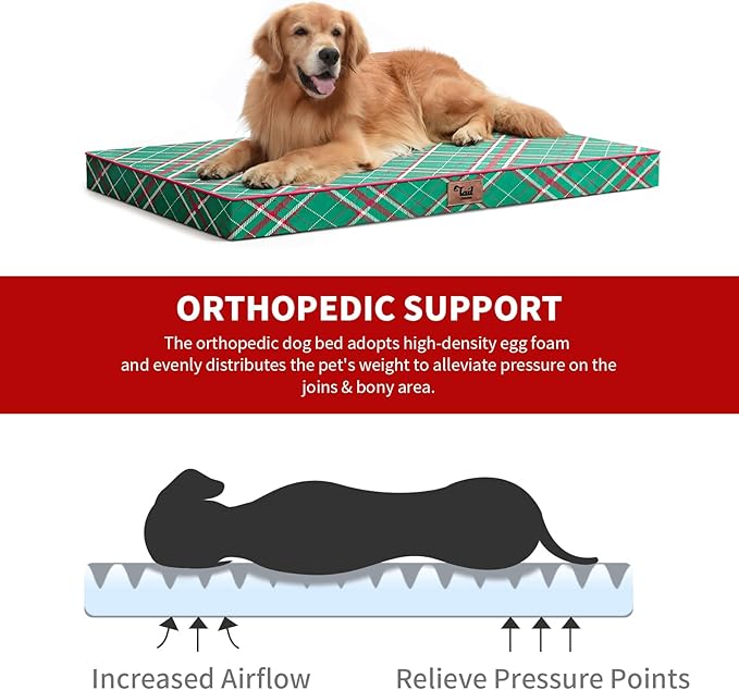 Outdoor Extra Large Dog Bed, Waterproof Dog Bed for Large Dogs, Egg Crate Foam XL Pet Bed with Removable Washable Oxford Cooling Cover, Christmas Plaid