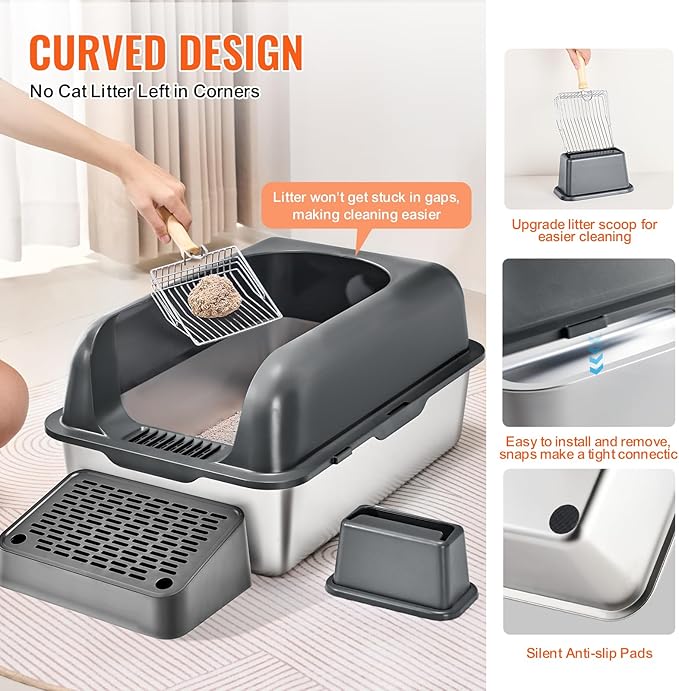 VEVOR Stainless Steel Cat Litter Box with Lid, XL Extra Large Enclosed Cat Box for Big Cats, High Sides Metal Litter Box, Anti Leakage,Odor-Free & Easy Cleaning,Include Scoop & Foot Board