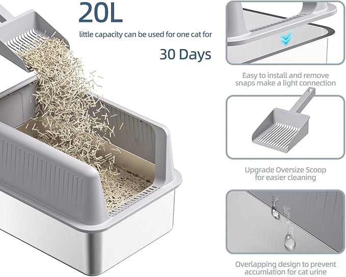 Stainless Steel Cat Litter Box with Lid,XL,19.7”L x 13.8”W x 11.8”H Deep,Metal Litter Box with High Side,for Small and Large Cats,with a Scoop and Scoop Storage Box Litter Mat Double,Easy Cleaning