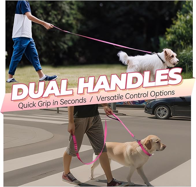 VIVAGLORY Twingrip Dog Leash, Double Handle Dog Leash for Training & Walking with Traffic Handle & 2 Loop, Traffic Control Reflective Heavy Duty for Puppy Pet, 5ft x 1in, Pink