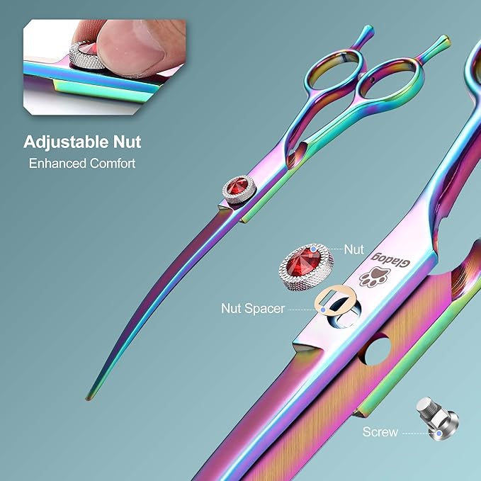 GLADOG 7 Inch Professional Dog Grooming Scissors Kit, 5-in-1 Titanium Coated Pet Grooming Shears Set, Heavy Duty Grooming Scissors for Dogs (Pro Rainbow)