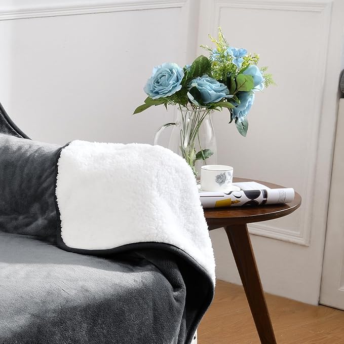 Waterproof Blanket for Bed Couch Sofa, Soft Liquid Pee Proof Pet Blanket for Dog Puppy Cat, Reversible Sherpa Fleece Furniture Protector (Dark Grey, 30x40 inches)