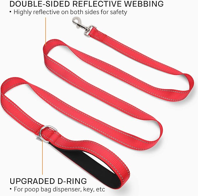 Joytale Dog Leash, 6 FT Double-Sided Reflective, Padded Handle Nylon Heavy Duty Leashes for Medium & Large Dogs Walking, Red
