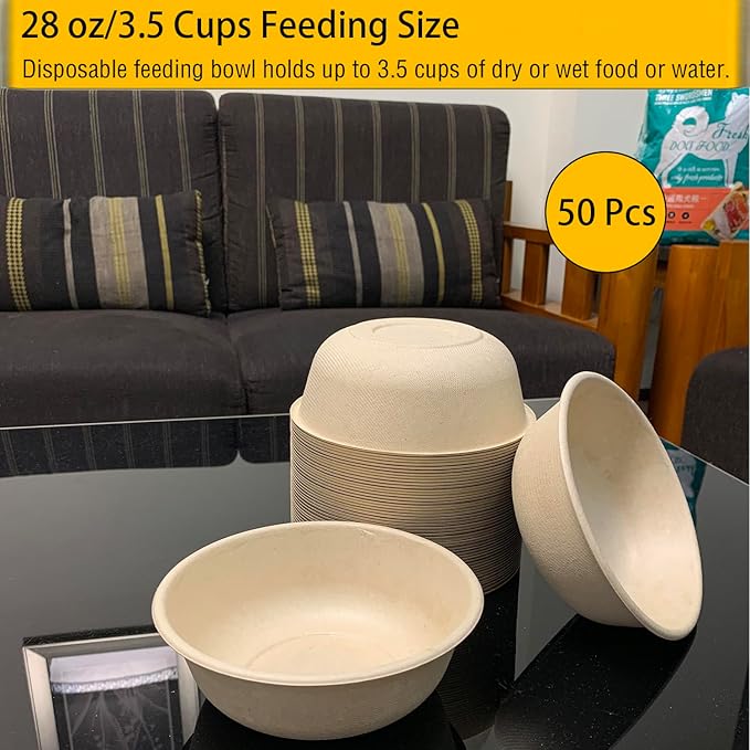 JETKONG 28 oz/3.5 Cup Disposable Dog Bowls 50pk, 100% Compostable Pets Feeding Bowls Paper Dog Travel Bowls Great for Dry and Wet Dog Food or Water (Natural, Pack of 50)