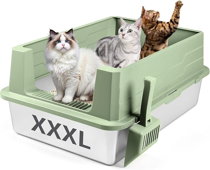 Stainless Steel Litter Box, XXXL 27.6" H x 19.7" W x 11.8" H Extra Large Metal High Sided Cat Litter Box with Scoop, Leak-Proof, Easy Clean for Big Cats/Multiple Cats (Green)
