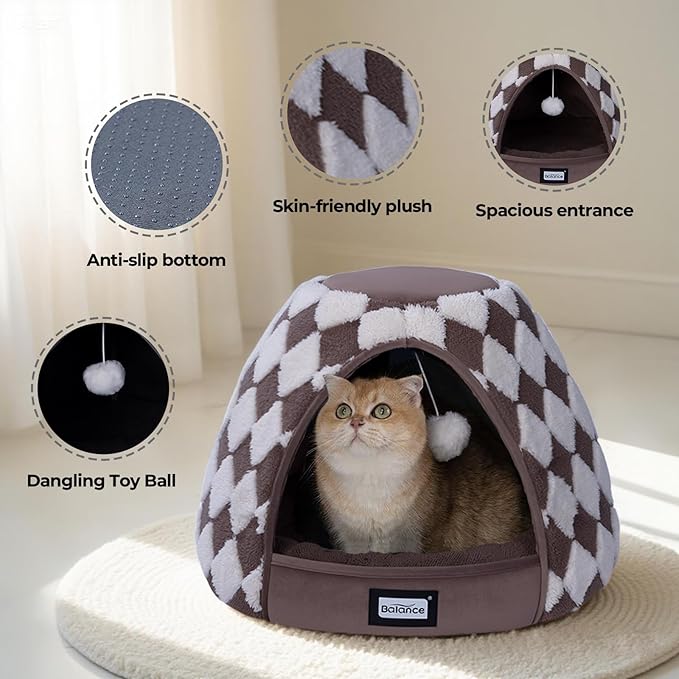 BALANCE Cat Beds for Indoor Cats, 2-in-1 Cat Bed Cave with Anti-Slip Bottom and Ultra-Soft Plush, Cozy Cats House Tent for Kittens and Small Dogs, 21 Inches, Dark Brown