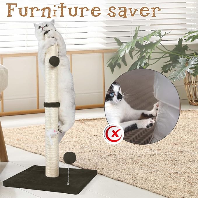 ANWA 32" Tall Cat Scratching Posts for Indoor Cats, 3-in-1 Cat Scratching Post with Plush Toys, Premium Sisal Post for Cats at All Ages with Reinforced Stable Base, Brown