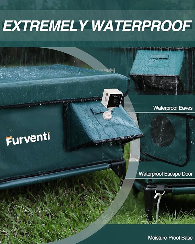 Heated Cat House for Outside,Dual Camera Mounts,100% Weatherproof & Extremely Insulated,Elevated Feral Cat Shelter with Escape Door,Waterproof Eaves for Outdoor Stray Barn Cat(Dark Green, L with Cam)