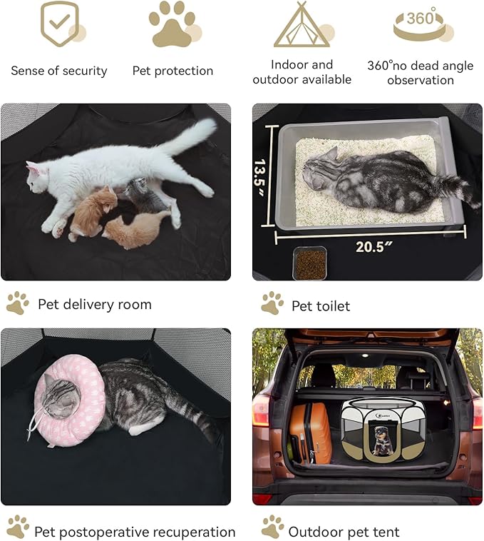 Dog Cat Playpen, Medium Puppy Pet Playpen, Dog Crate Tent Cage Indoor/Outdoor, Portable Pop Up Dogs Kennel Playpen with Carrying Case for Dogs/Cats/Rabbits(Coffee, Small)