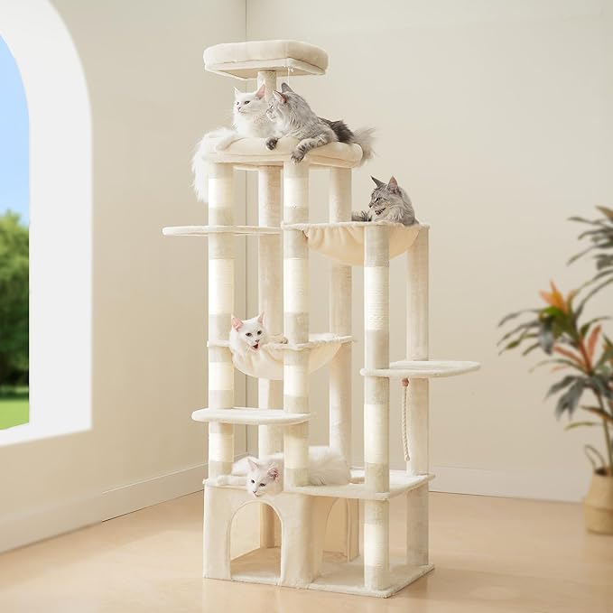 Heybly Cat Tree, 71-Inch Tall Cat Tower for Large Maine Coon Cats with Extra-Large Baseboard, Cat Condo Furniture with Multi-Level Platforms, 2 Hammocks and 12 Scratching Posts, Beige HCT037M