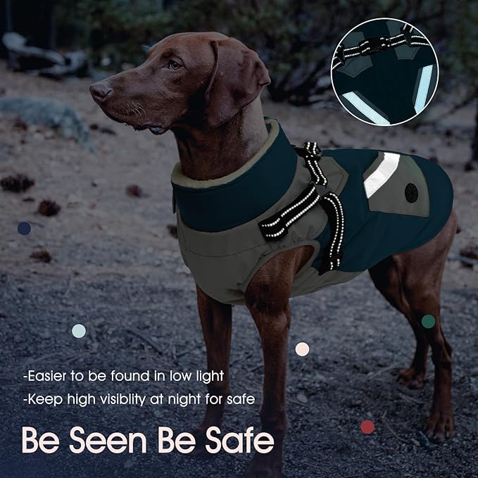 IECOii Dog Winter Coat with Harness Built in, Waterproof Windproof Dog Coats for Large Dogs, Thermal Fleece Cold Weather Jackets with Zip, Outdoor Warm Snow Jacket Reflective, Turquoise Green, XXXL