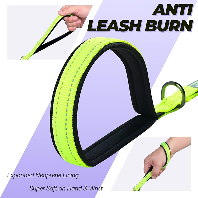 VIVAGLORY Twingrip Dog Leash, Double Handle Dog Leash for Training & Walking with Traffic Handle & 2 Loop, Traffic Control Reflective Heavy Duty for Puppy Pet, 6ft x 1/2in, Bright Yellow