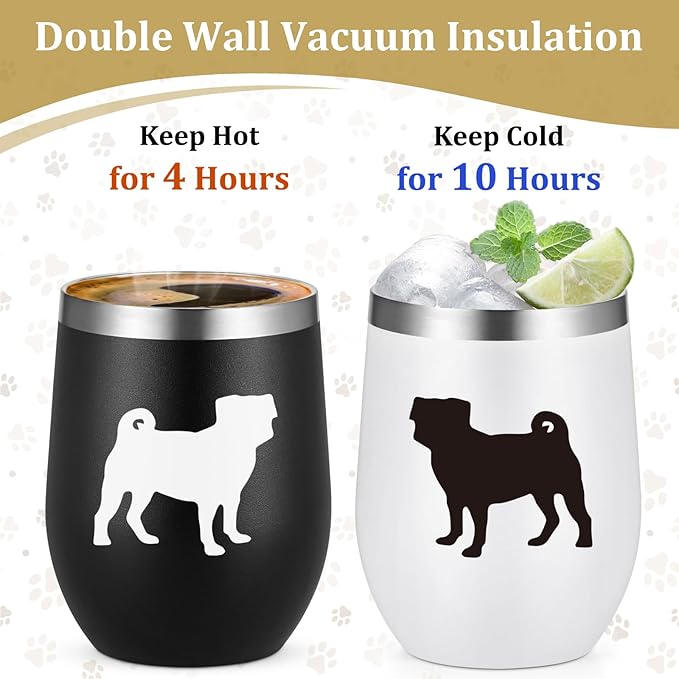 Lifecapido Pug Gifts for Pug Lovers, Pugs Silhouette 12oz Stainless Steel Wine Tumbler Set of 2, Birthday Christmas Gifts for Dog Lovers Dogs Parents Dogs Mom Dad, Black and White