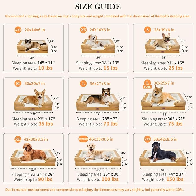 Comfort Expression Orthopedic Dog Bed for Large Dogs 36x27 Inch, Waterproof Supportive Egg Crate Foam Large Pet Bed with Removable Bolsters, Dog Couch with Washable Cover & Non-Slip Bottom, Caramel