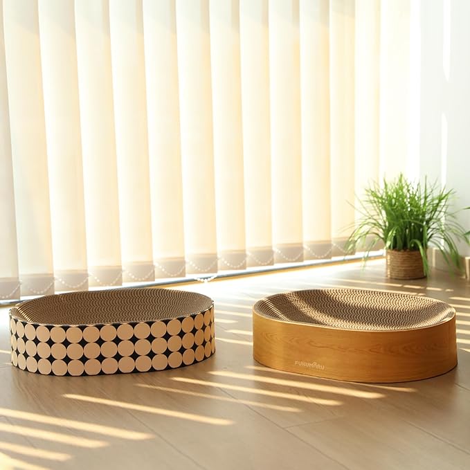 FUKUMARU Cat Scratcher Cardboard Lounge Bed, 2-in-1 Cat Scratch Pad, Oval Cats Scratching Board Indoor, Durable Modern Kitty Scratcher Bowl, Cats Scratch Furniture Protector, Wood Color