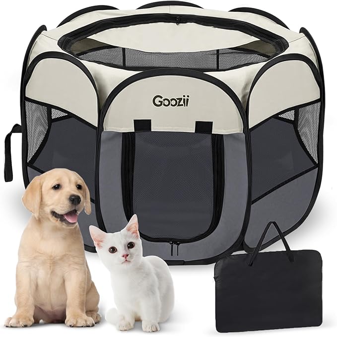 Pet Cat Playpen for Indoor Cats Enclosed, Puppy Dog Play Pen for Outdoor Travel Camping (Medium Size, Beige & Dark Grey)