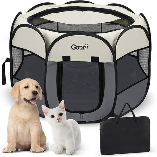 Pet Cat Playpen for Indoor Cats Enclosed, Puppy Dog Play Pen for Outdoor Travel Camping (Medium Size, Beige & Dark Grey)