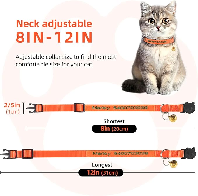 Personalized Cat Collars ，7 Pack Set Pet Collar with Name ，Custom Embroidered id Name and Phone Number,Adjustable Breakaway Kitty Collar Will Bell