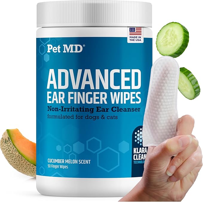 Pet MD Advanced Ear Finger Wipes for Dogs & Cats - Non-Irritating Ear Wipes & Ear Cleaner - Pet Safe Cleaner to Aid in Itchiness and Odor - Cucumber Melon (50ct)