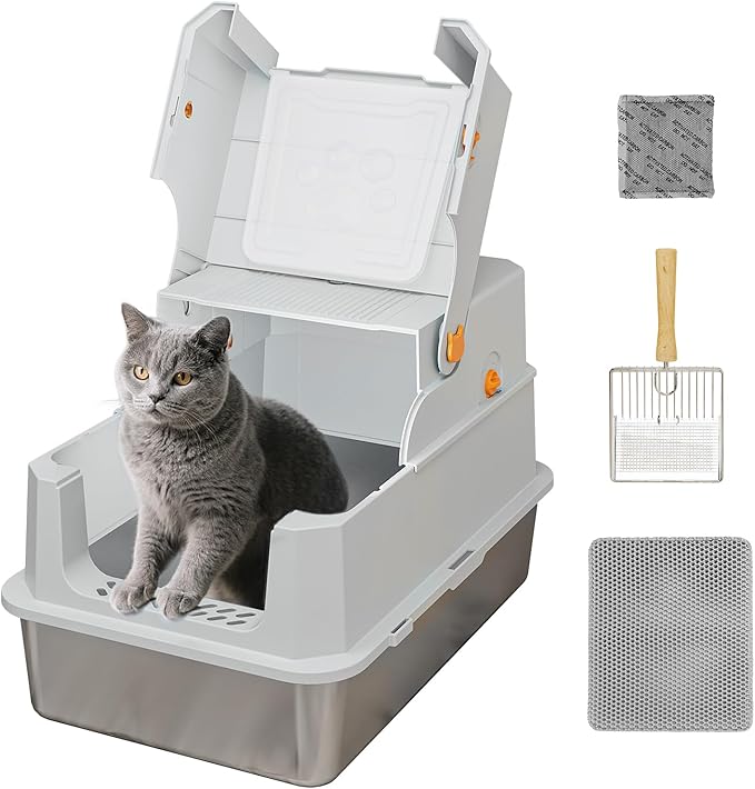 TENTIZON Stainless Steel Extra Large Covered Cat Litter Box with Lid, High Sides, Litter Mat, Scoop, Hooded Enclosed Kitty LitterBox for Big Cats Up to 24lbs, Multi-Cat, Ordor Control, Easy Clean