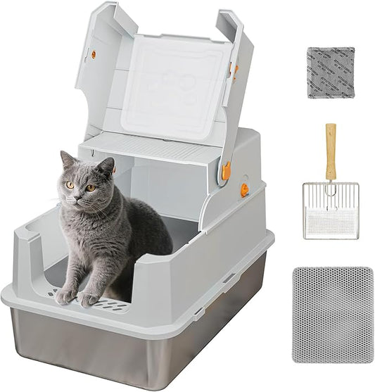 TENTIZON Stainless Steel Extra Large Covered Cat Litter Box with Lid, High Sides, Litter Mat, Scoop, Hooded Enclosed Kitty LitterBox for Big Cats Up to 24lbs, Multi-Cat, Ordor Control, Easy Clean