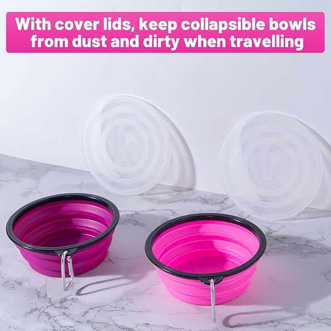 SLSON Dog Bowls Pet Collapsible Bowl with Cover Lids,2 Pack Dog Travel Bowls Portable Foldable Cat Water Dish Bowl for Pets Walking Parking Camping (Pink and Purple, Medium)