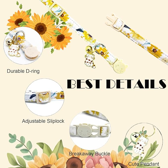 Elegant little tail 2 Pack Cat Collar- Sunflower Print Cotton Breakaway Cat Collars with Bell Pendant Kitten for Girl Safety Adjustable Collar for Small Cats Puppy