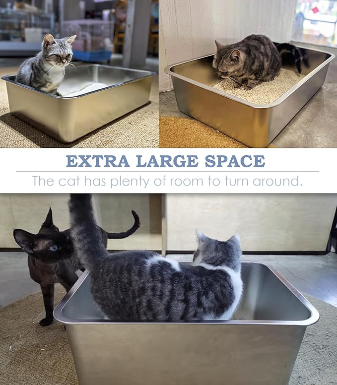 Stainless Steel Cat Litter Box, 4in Shallow Litter Box for Senior Cats and Kittens, Large Metal Litter Pan Nonstick Odor Control Anti-Corrosion