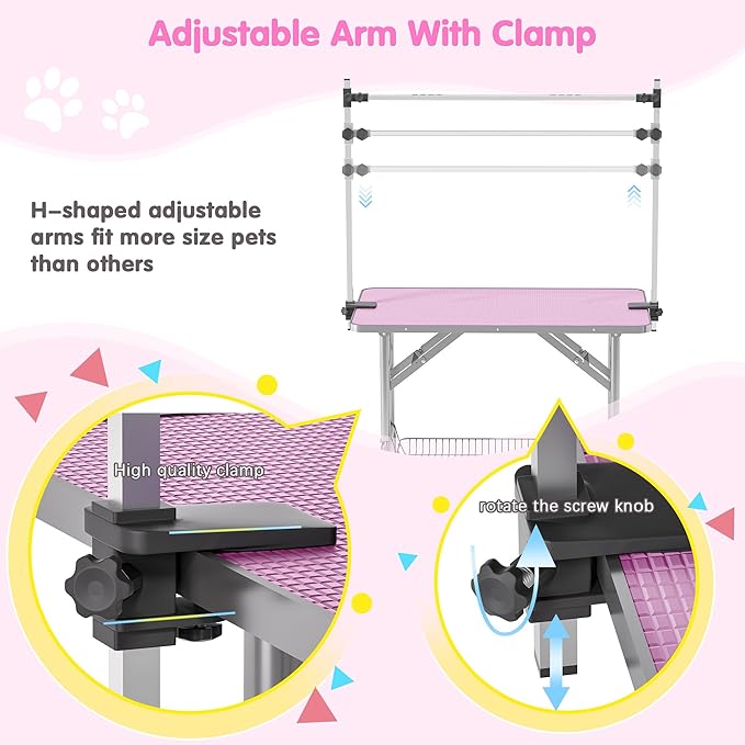 Lyromix Dog Grooming Table, Adjustable Large Pet Drying Desktop, Foldable Bathing Desk with Arms, Noose, Mesh Tray, Maximum Capacity Up to 330Lb