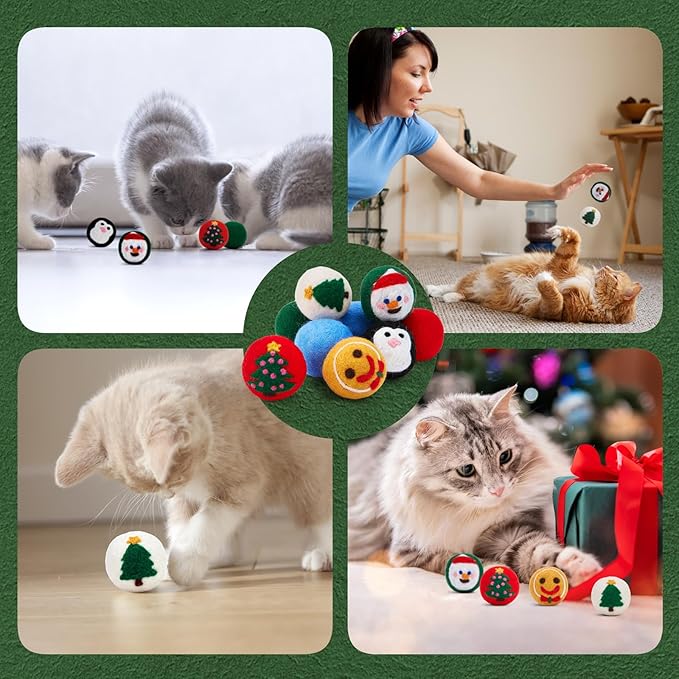 FOFOS Wool Cat Balls 9 Pcs Christmas Cat Toys Balls Hand Felted Wool Cat Toys Kitten Exercise Toys for Indoor Cats 1.7 Inches