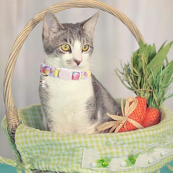 Elegant little tail Easter 2 Pack Cat Collar-Bunny Print Cotton Breakaway Cat Collars with Bell Pendant Kitten Safety Adjustable Collar for Small Cats Puppy